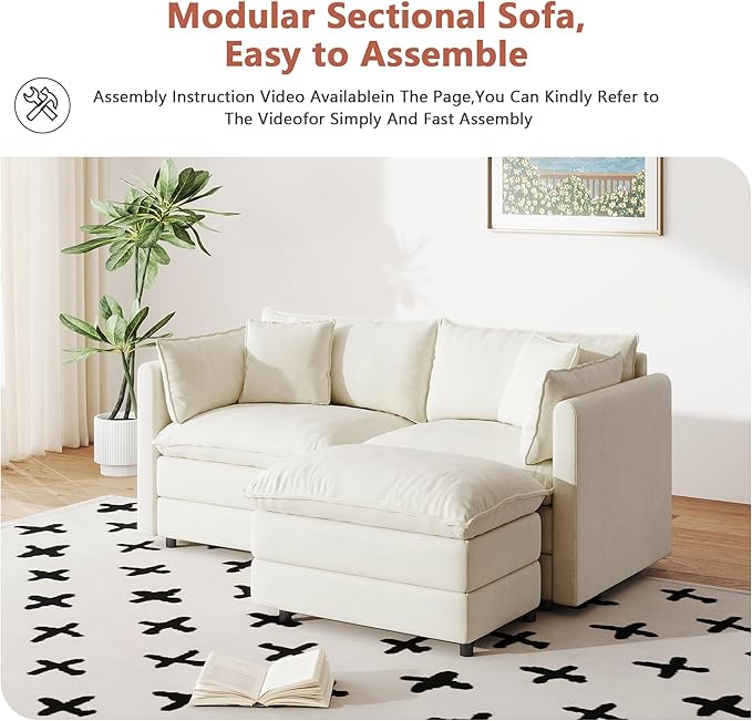 Setawix Deep Loveseat Couch with Ottoman,Large L-Shaped 2 Seater Cloud Couches for Living Room,77.16" Chenille Cloud Sofas with Deep Seat,Modular Sectional 2 Seat Sofa for Bedroom (Beige, 2+1)