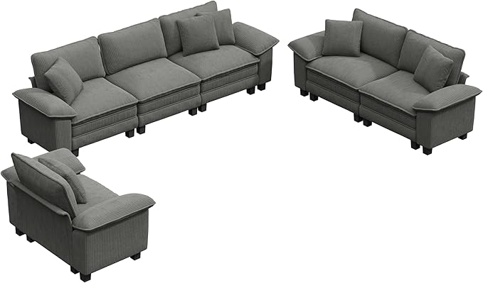 PHI VILLA Cloud Modular Couches Sets, 3 Pieces Large Sectional Sofa Set with Loveseats & Armchair, 6-Seater Upholstered Couch for Living Room, Corduroy Fabric, Grey