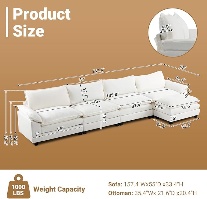 VINGLI 157" Cloud White/Cream Convertible Sectional Sofa, Comfy L-Shape Extra Deep Seat Sofa Couch for Living Room,Modern Chenille 4-Seat Convertible Sofa with Movable Ottoman for Small Space