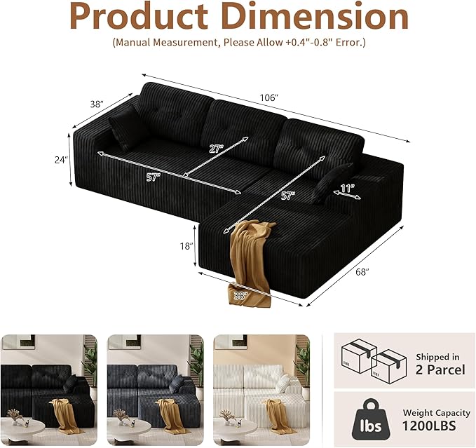 Ball & Cast 106" Cloud Modular Sectional Sofa, Boneless Corduroy Couch with Deep Seat, Comfy L-Shaped Sectional, Modern Upholstered Sofa for Living Room, No Assembly (Black, Right Facing Chaise)