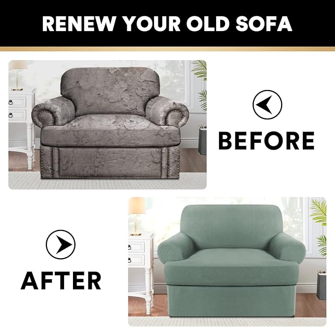 PrinceDeco 2 Pieces Armchair Slipcover Stretch Couch Covers for T Cushion Chair Slipcovers Soft Arm Chiar Cover Furniture Covers with 1 Individual T Shape Seat Covers Width Up to 40", Sage