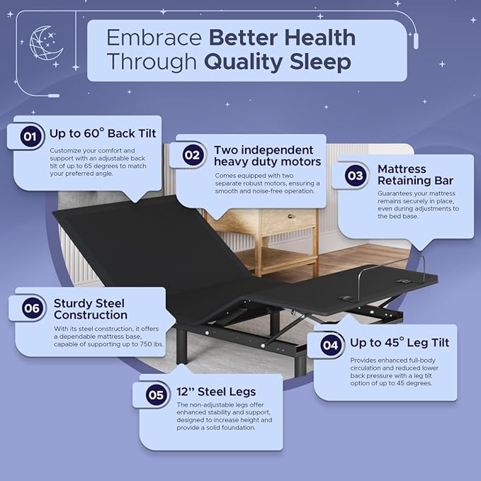 Celestial Sleep Aurora Adjustable Bed Base (Frame Only), Easy Assembly, Head and Foot Lift, Zero Gravity, Memory Positions - Twin XL
