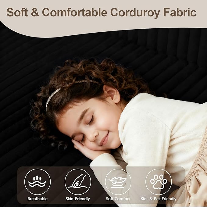 110" Boneless Couch with 2 Ottomans, Corduroy U-Shaped Modular Cloud Sofa with Deep Seats, Ergonomic Memory Foam Couches for Living Room, No Assembly Sectional Sofas, 5 Seater, Black