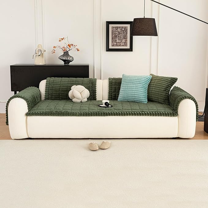 Sofa Couch Cover, Sofa Covers for Dogs Washable, Non-Slip Striped Sofa Slipcovers for Sectional Sofa, Sofa Cover Furniture Protector for L Shaped(Dark Green, 27.6"x 70.9")