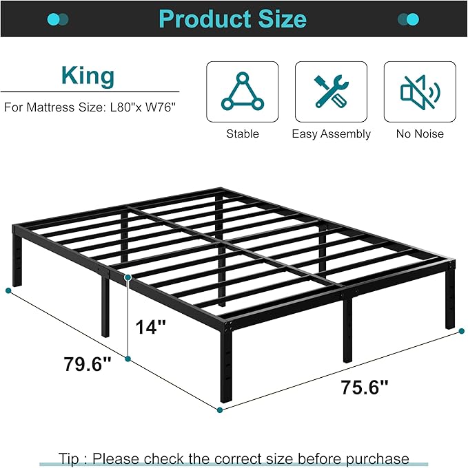 Maenizi King Size Bed Frame No Box Spring Needed, 14 Inch Heavy Duty King Platform Bed Frame Support Up to 3000 lbs, Easy Assembly, Noise Free, Black