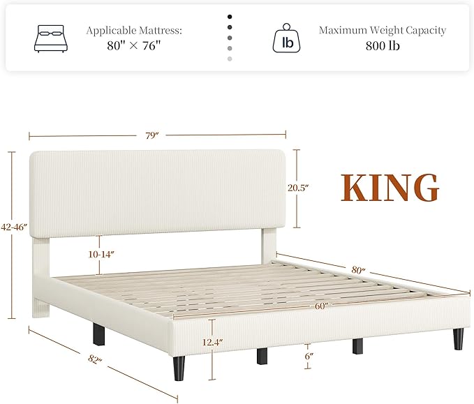 Yaheetech King Bed Frames with Adjustable Headboard, Chenille Fabric Upholstered Headboard/Platform Bed, King Size Bed Frame No Box Spring Needed/Wood Slats Support/Easy Assembly/Beige