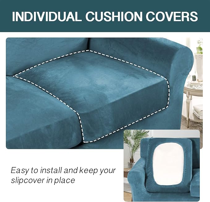 FantasDecor 3 Piece Sofa Covers Velvet for 2 Cushion Couch Stretch Loveseat Slipcover with Individual Seat Elastic Furniture Protector for Pets (Sofa, Peacock Blue)