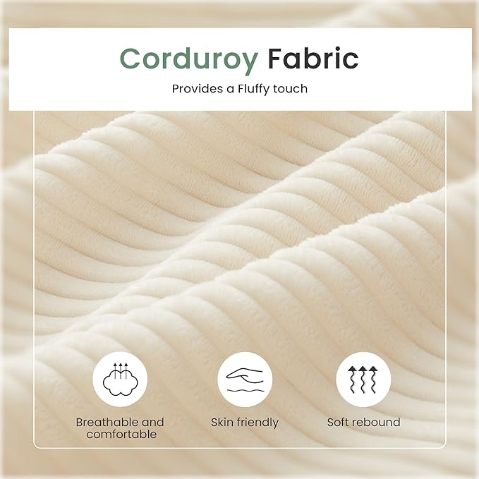 2 Pieces Corduroy Couch Set for Living Room, 5 Seats Cloud Sofa, Deep Seat Floor Couch for Bedroom, Futon Modern Sofa Bed, White Corduroy