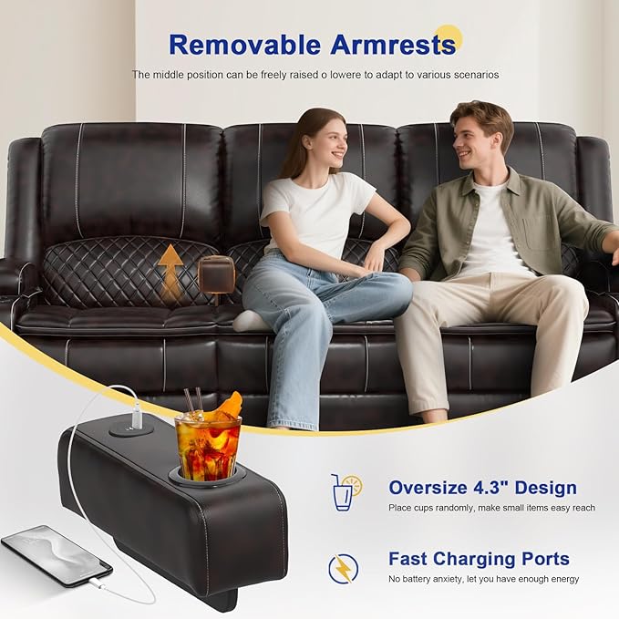 3+1 Manual Recliner Sofa, Maximum Load Capacity 1800lbs & Ergonomics Design, Multi-Functional Middle Seat & Home Theater Seating with Removable Armrest and Storage for RV Living Room (PU,Brown)
