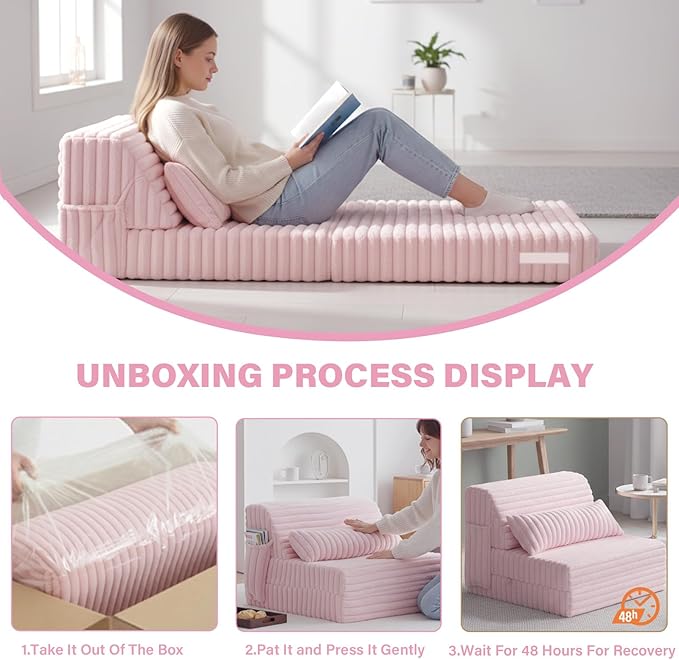 Tiita Folding Sofa Bed - 4-Fold Convertible Sleeper Chair with Corduroy Cover and Rectangular Pillow, Floor Sofa Mattress for Adults, Single Size, Pink