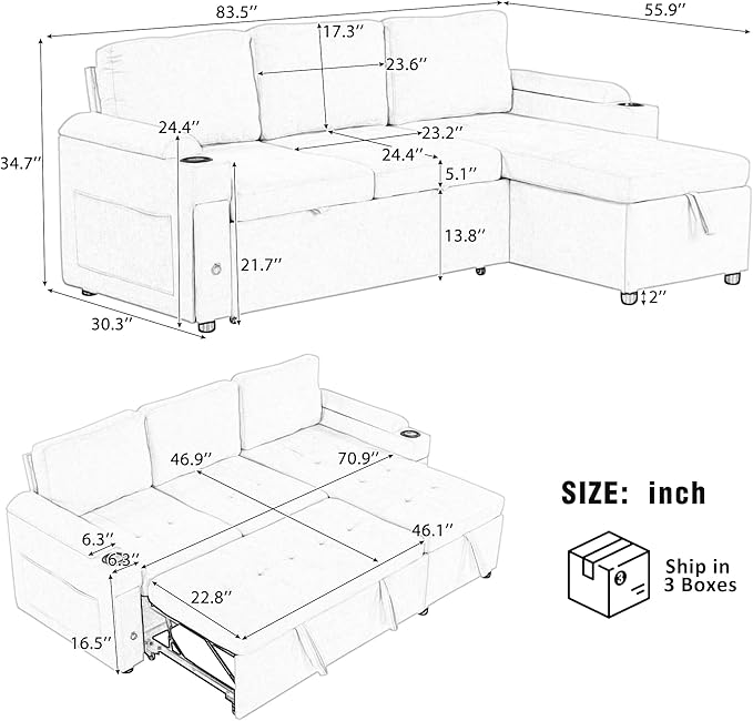 Harper & Bright Designs 83.5" L-Shaped Sofa Couch Convertible Sofa Bed Sectional Sofa with Ample Storage Space, Two Cup Holders and Two USB Ports for Living Room, Gray