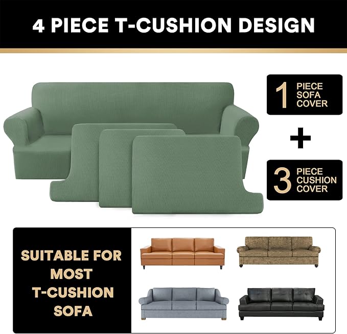 PrinceDeco T Cushion Sofa Slipcover 4 Pieces Sofa Covers for T Cushion Couch Soft Couch Cover (70"-88") Sofa Slip Cover Furniture Covers with 3 Individual T Shape Seat Covers Washable, Loden Frost