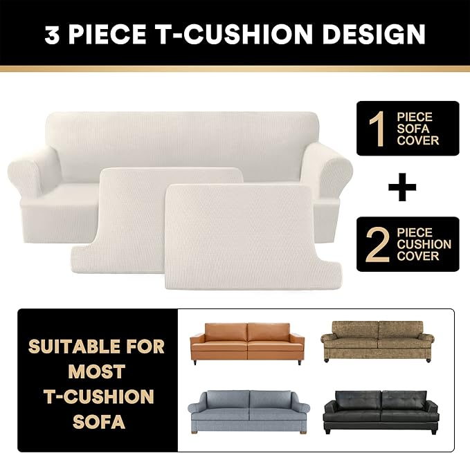 PrinceDeco T Cushion Sofa Slipcover 3 Pieces Sofa Covers for T Cushion Couch Soft Couch Covers Sofa Slip Cover Furniture Covers with 2 Individual T Shape Seat Covers Width Up to 88", Ivory