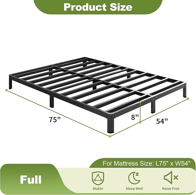 Yicensen 8 Inch Full Bed Frame No Box Spring Needed, Heavy Duty Full Size Metal Platform Bed Frame with Rounded Corner Legs, Easy Assembly, Noise Free, Black