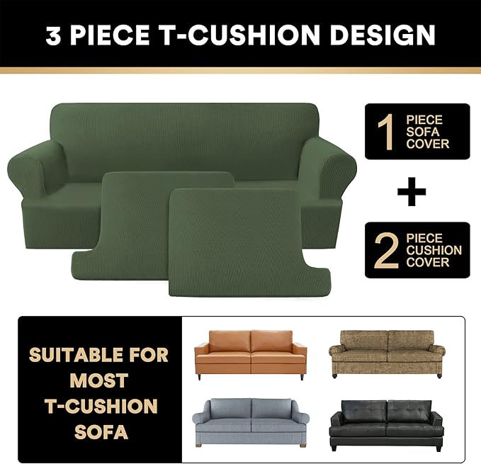 PrinceDeco T Cushion Loveseat Slipcover - 3 Pieces Sofa Cover for 2 Cushion Couch with 2 Individual T Shape Seat Covers Width Up to 76 Inch - Stretch, Machine Washable, Bronze Green