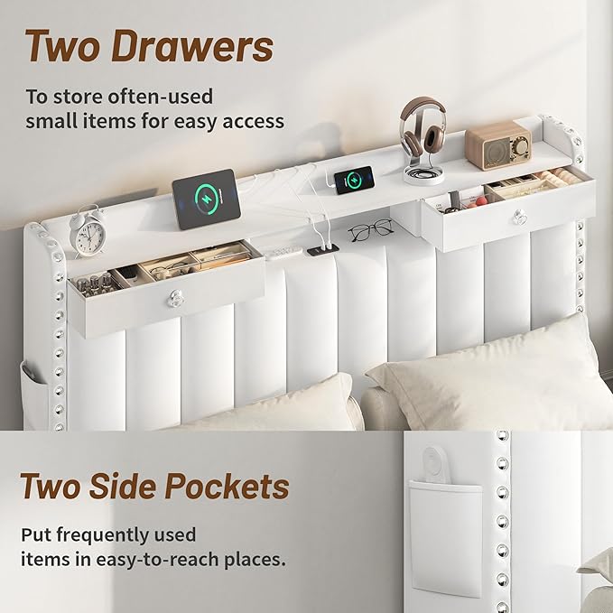 CypBed Full Size Upholstered Platform Bed Frame with Velvet & 2-Tier Storage Headboard, USB & Type-C Charging Ports, 4 Storage Drawers, Solid Wood Slats, No Box Spring Needed, No-Noise, White, Gifts