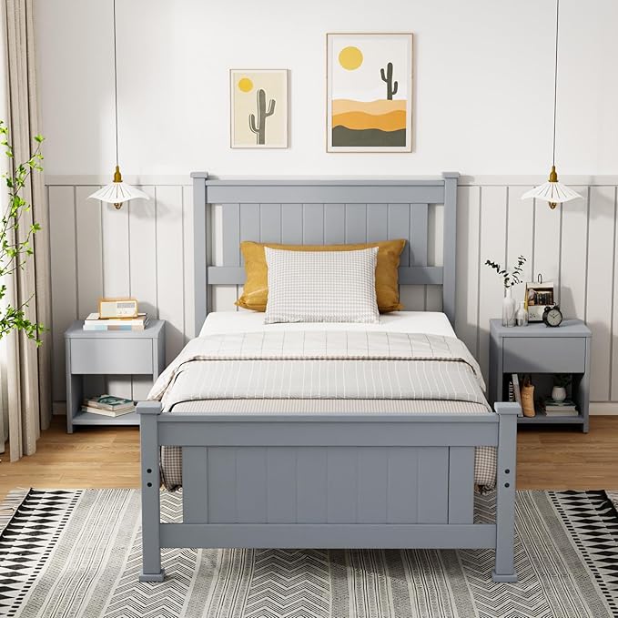 VINGLI Twin Bed Frame Solid Wood Platform Single Bed with Headboard, No Box Spring Needed Panel Bed, Wood Slat Support Mattress Foundation, Gray