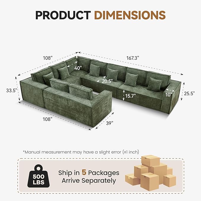 167'' Boneless Chenille U Shaped Couch, Oversized Modular Sectional 9 Seater Sofa, Modern Deep Seat Corner Cloud Compressed Couch, No Assembly Sleeper Sofa with Chaise for Living Room, Green