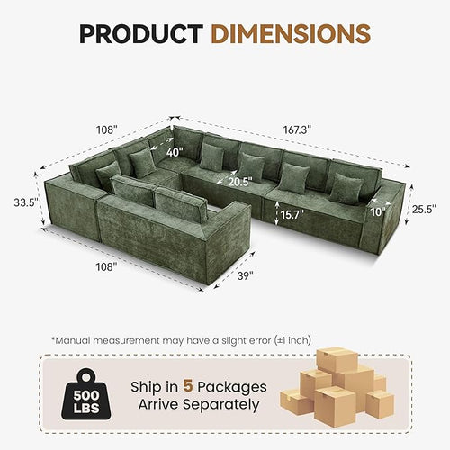 167'' Boneless Chenille U Shaped Couch, Oversized Modular Sectional 9 Seater Sofa, Modern Deep Seat Corner Cloud Compressed Couch, No Assembly Sleeper Sofa with Chaise for Living Room, Green