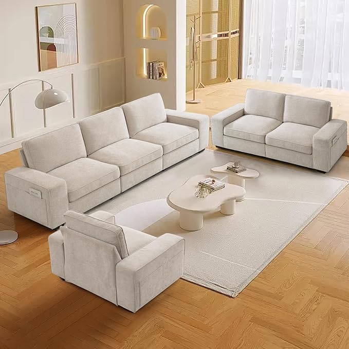 TEKAMON 100" Modular Sofa with Seats Storage, Comfy 3-Seater Chenille Fabric Couch for Living Room, Office, Apart W/Deep Seat, Wide Arms, Side Pockets, USB, Removable Covers, Upholstered Couch/Beige