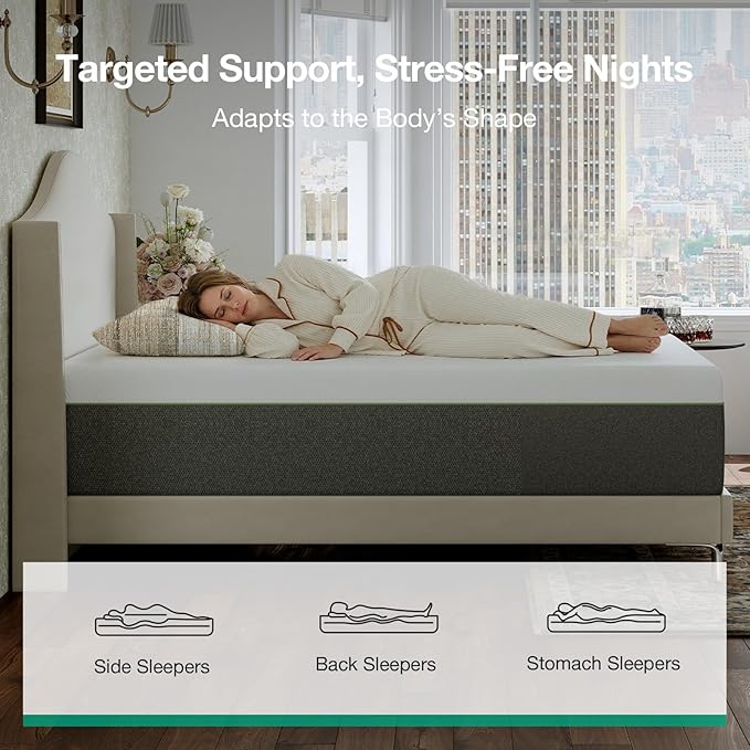 Novilla Bliss Green Tea Queen Size Memory Foam Mattress, 10 Inch Queen Mattress in a Box for Refreshing Sleep with Cool-Touch Nylon Cover, Zone Support & Pain Relief with CertiPUR-US Certified Foams