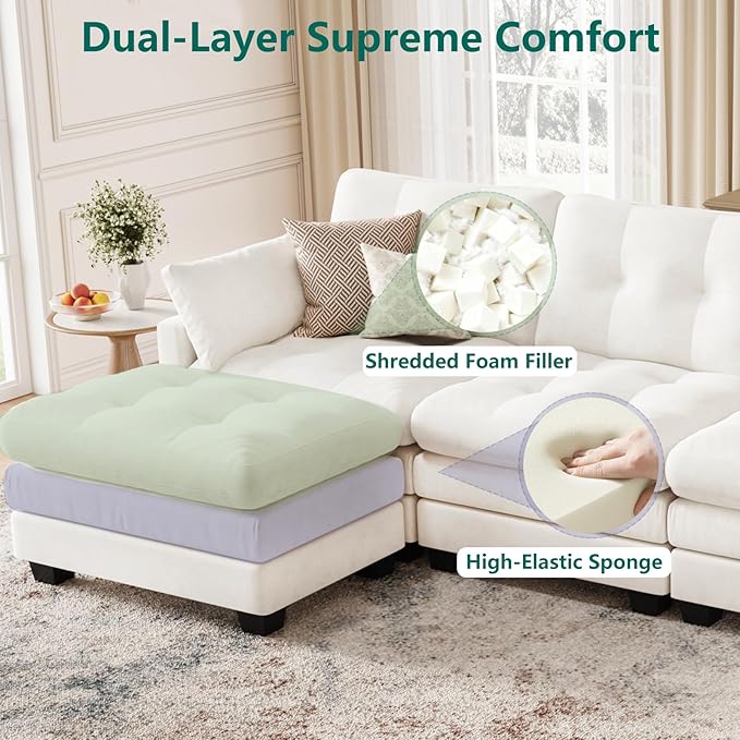 Modular Sectional U Shaped Sofa Couches for Living Room, Cloud Couch with Movable Ottoman, Comfy Chenille Sofa with Pillow for Bedroom and Apartment,Beige-Tufted
