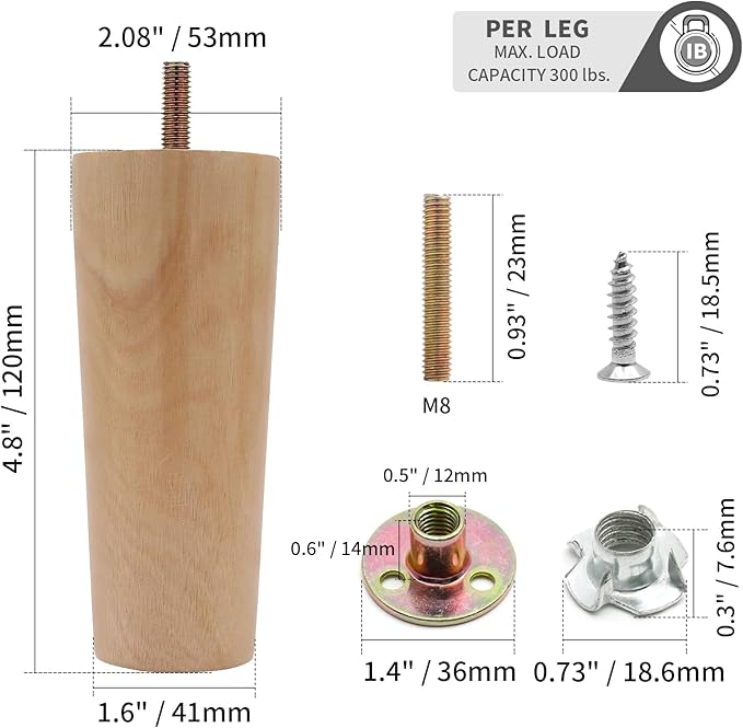 4pcs 4.8 Inch Wood Furniture Legs, Straight Conical Solid Wood Sofa Legs, Mid-Century Style Furniture Feet for Sofa Cabinet Table Cupboard Couch Ottoman Home DIY Projects