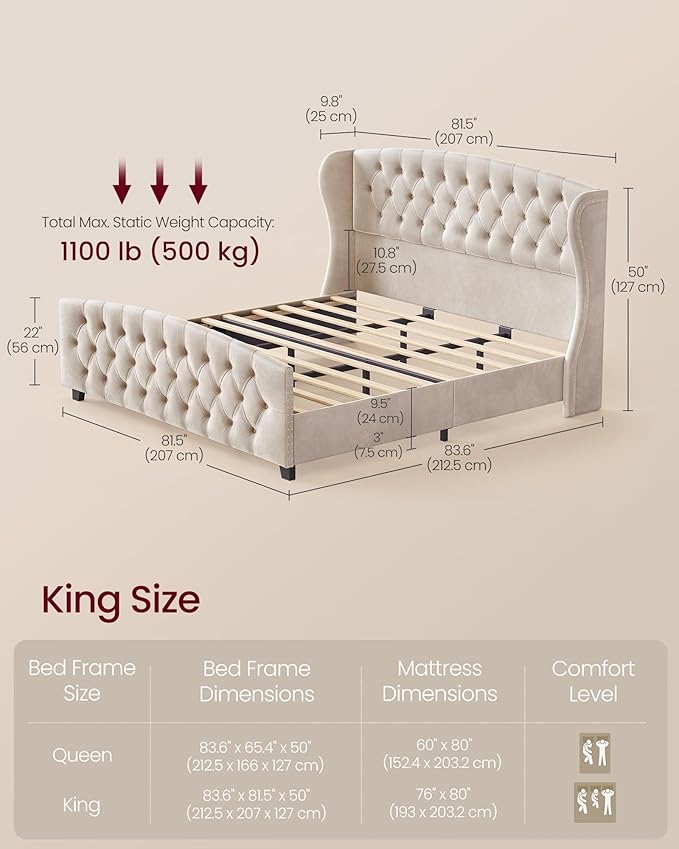 VASAGLE King Bed Frame with Tall Headboard, Upholstered Platform Bed Frame King Size, with Wingback Tufted Headboard and Footboard, Wooden Slats, No Box Spring Needed, Cappuccino Beige URMB884W01