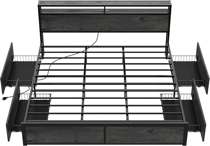 LIKIMIO King Size Bed Frame with 4 Storage Drawers, 2-Tier Storage Headboard with Charging Station, Double Bed Frame King Size for Bedroom, No Box Spring Needed, Easy Assembly, Charcoal Grey
