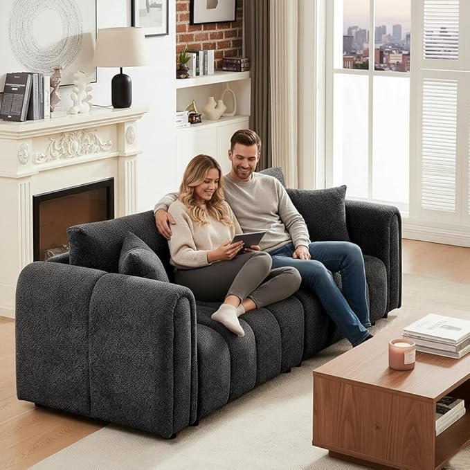 91.5" W Cloud Boucle Sofa for Living Room, Modern Comfy Boucle Couch with Rolled Arms and Soft Pillows, Teddy Oversized Loveseat for Apartment, Studio, Bedroom, Dark Grey