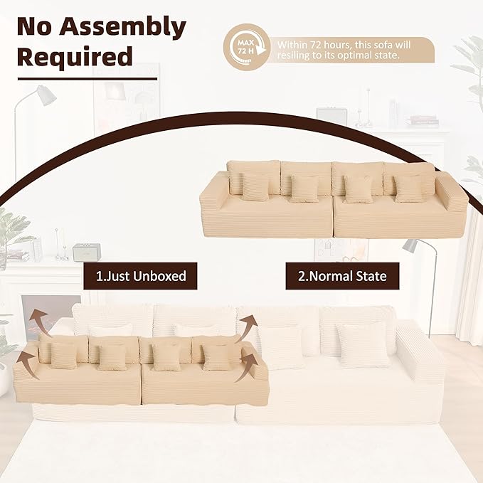 Chaise Lounge Chair, Boneless Couch for Living Room and Bedroom, Set of Sleeper Couches Reading Chairs, Corduroy, White