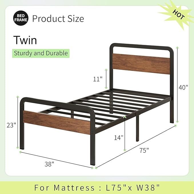 Richwanone Twin Bed Frames with Wood Headboard and Footboard,14 Inch Metal Platform Frame with Steel Slat Support, No Box Spring Needed, Easy Assembly, Black