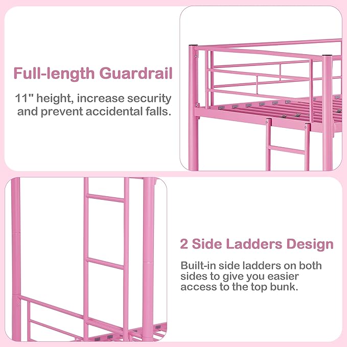 VECELO Bunk Bed Twin Over Twin with Trundle, Metal Bunkbeds with Ladder and Full-Length Guardrail, No Box Spring Needed, Space Saving, Noise Free, Pink