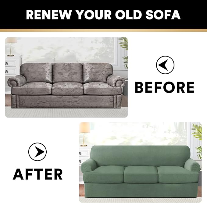 PrinceDeco T Cushion Sofa Slipcover 4 Pieces Sofa Covers for T Cushion Couch Soft Couch Cover (70"-88") Sofa Slip Cover Furniture Covers with 3 Individual T Shape Seat Covers Washable, Loden Frost
