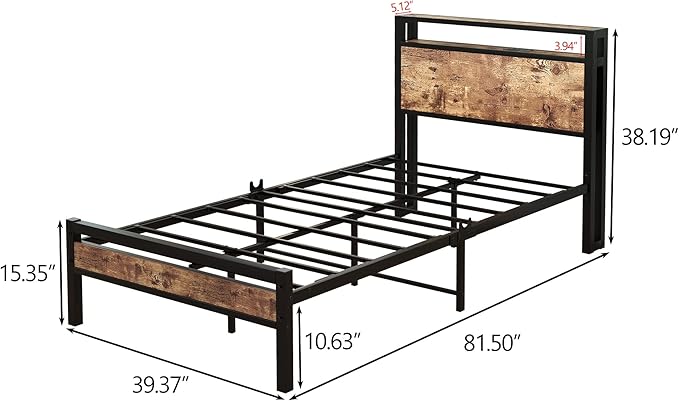 BOFENG Twin Bed Frame with Storage Headboard/USB Charging Station,Heavy Duty Metal Platform Bed Frames Twin Size No Box Spring Needed,Firm Steel Slats Support,Noise Free,Rustic Brown