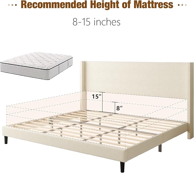 Sismplly King Bed Frame with Wingback Headboard, Velvet Upholstered Platform Bed with Wooden Slats, 6.46“ Under Bed Storage, Metal Support, Noise Free, No Box Spring Needed, Beige