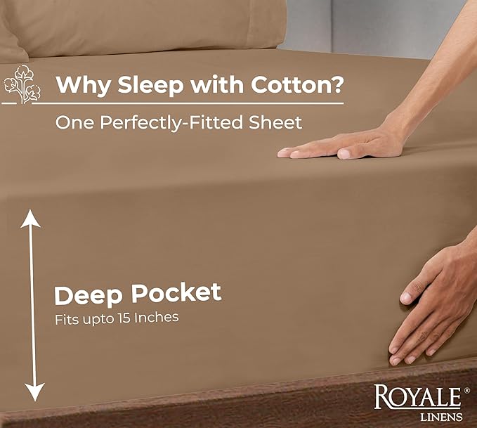 Royale Linens 100% Organic Cotton Fitted Sheet - Percale Weave - Super Soft Deep Pocket Bottom Sheets - Elastic Sheet King Size - King Fitted Sheets Only - (78"x80"+15", Chocolate)