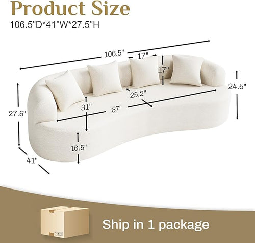 107" Curved Sofa for Living Room, Modern Chenille Cloud Couch Sofa, Luxury Plush Extra Deep 4-Seater Oversized Boucle Couch for Small Spaces, Apartment‌, No Assembly Required, Cream White