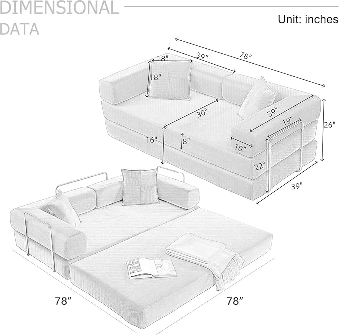 HANXIN 78 Inch Convertible Sleeper Sofa Bed, Folding Floor Mattress Couch with Fixed-Shape Frame, Futon Boneless Couch Lounge Loveseat with Pull Out Bed, No Assembly Required (Yellow)