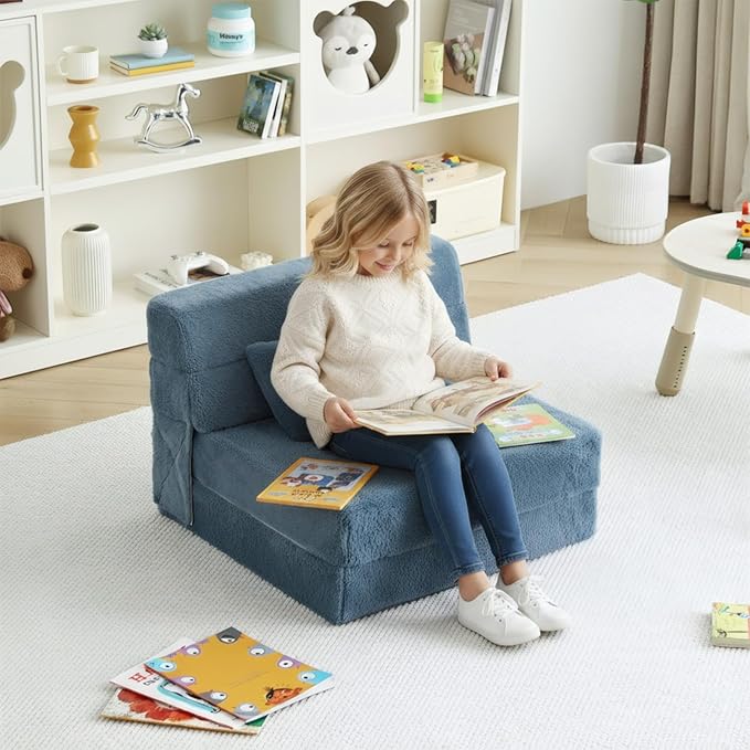 Tiita Convertible Folding Kids Sofa Bed with Pillow & Storage Bag, Plush Fabric Floor Mattress Couch Bed, Washable Cover, Kids Room, Playroom, Dorm, Apartment, Blue Grey