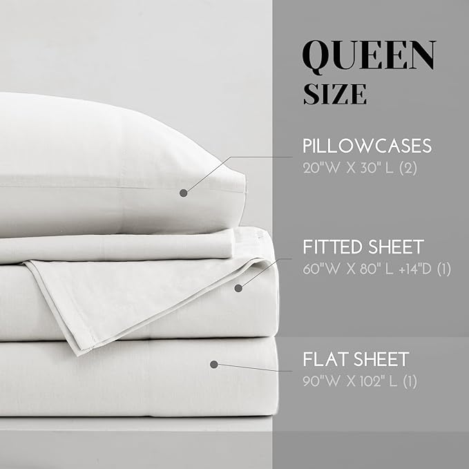 Comfort Spaces 100% Cotton Sheet Set Breathable, Lightweight, Soft with 14" Elastic Pocket Fits up to 16" Mattress, All Season Cozy Bedding, Matching Pillow Case, Queen White 4 Piece