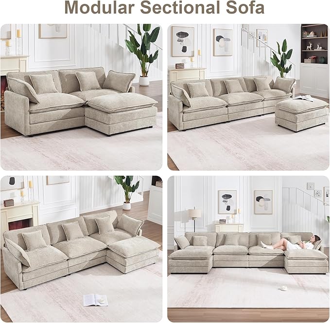 Modular Sectional Sofa with Ottoman, 76.7" Modern L Shaped Sectionals Cloud Couch, Comfy Couch Loveseat, 3 Seat Chenille Deep Seat Sofa with Pillow for Living Room,Bedroom Apartment,Small Spaces-Camel