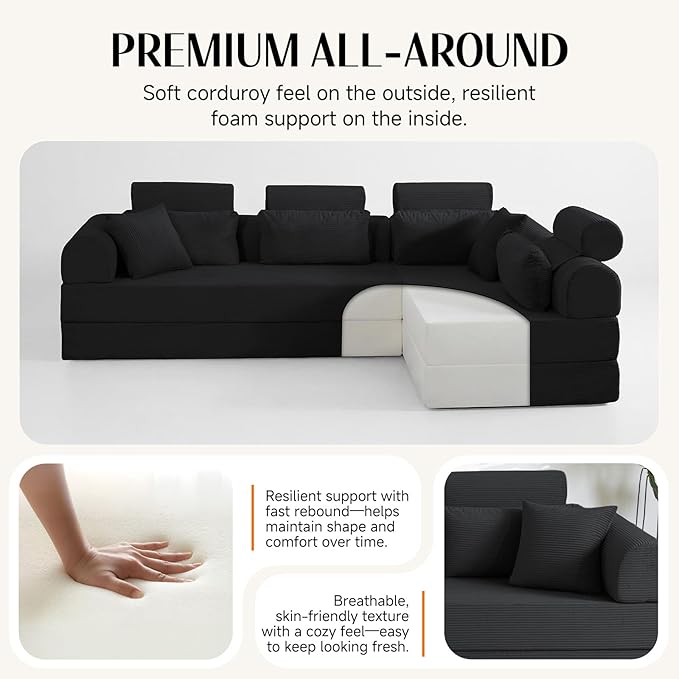 106" L-Shaped Modular Boneless Couch, 2-Piece System (2×70.87"), Convertible Sectional to 141.7" Straight Sofa, Corduroy Couch in a Box, Headrest & Back Pillows for Living Room, Black