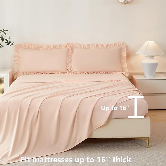 ANGIYUIN Pink Queen Size Comforter Set 5 Pieces Ruffled Farmhouse Bed in A Bag Soft Farmhouse Fluffy Bedding Sets with Sheets Maicrofiber Shabby Chic Bed Set for Girls Women(Pink Queen)