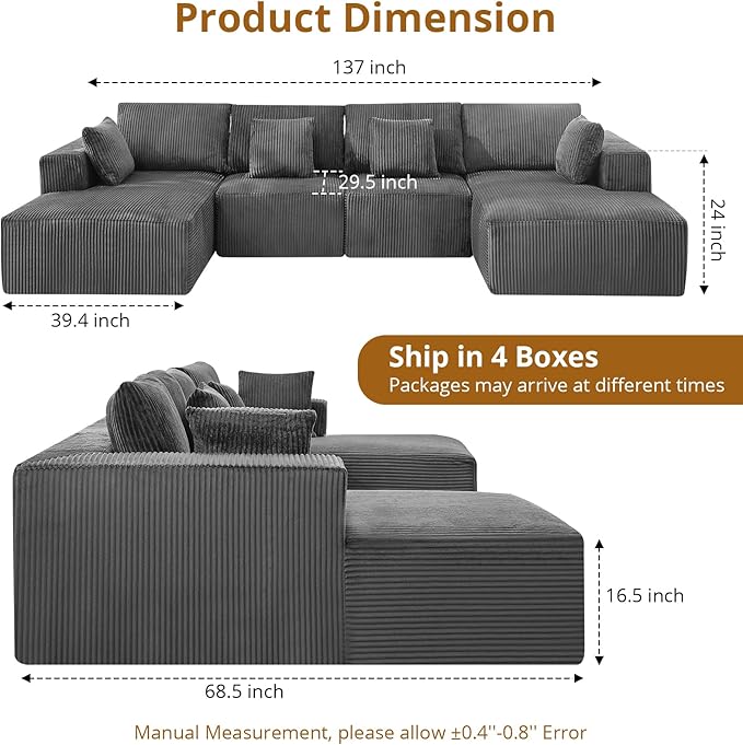Sectional Cloud Boneless Couch 137" Modern Comfy U-Shaped No Assembly Required Convertible Compression Sleeper Modular Sofa with Corduroy Fabric Deep Seat Single + Chaise for Living Room