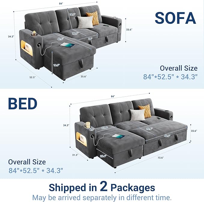 GarveeHome 84 Inch Sleeper Sofa Bed, L-Shaped Sofa, Convertible Pull Out Couch Bed with Storage, Charging Station, LED Lights, Modern Sectional Sofa for Living Room, Apartment, Velvet, Dark Grey