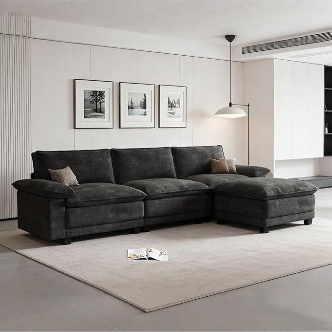 Modern L Shaped Sofa Couches for Living Room, Modular Sectional Cloud Couch with Movable Ottoman, Comfy Chenille Sofa for Apartment and Small Space, Black