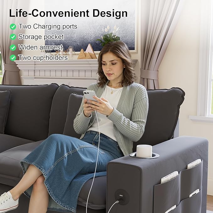 80.7" Modular Sectional Couch, L Shaped Cloud Sofa with Movable Ottoman, Chenille Deep Seat Cloud Couch with Charging Station, Cup Holder, Side Pocket, Sectional Couches for Living Room, Grey