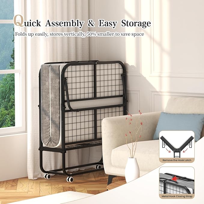 75''x38'' Folding Guest Bed for Adults, Foldable Rollaway Bed with Memory Foam Mattress & Sturdy Fold Up Metal Frame for Bedroom, Office, Apartments, Space-Saving Design for Easy Storage