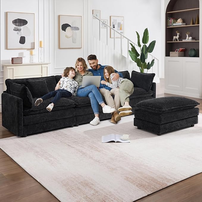 111.5" Modular Sectional Sofa, Large L Shaped Sectionals Cloud Couch, Big Comfy 3-Seat Couch with Ottoman, 4 Seater Chenille Sectional Sofa with Deep Seat and 5 Pillows for Living Room- Black